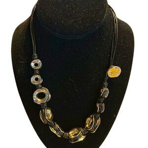 Chunky Black Cord Necklace With Silver-Tone Metal Beads  Unique Button Accent